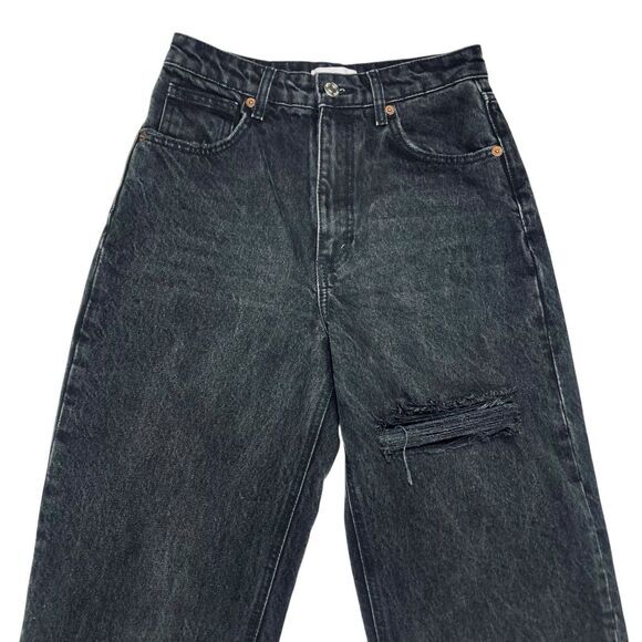 ZARA Jeans Women 4 Black High Rise Wide Leg Raw Hem Distressed Relaxed Fit Denim - Picture 2 of 15